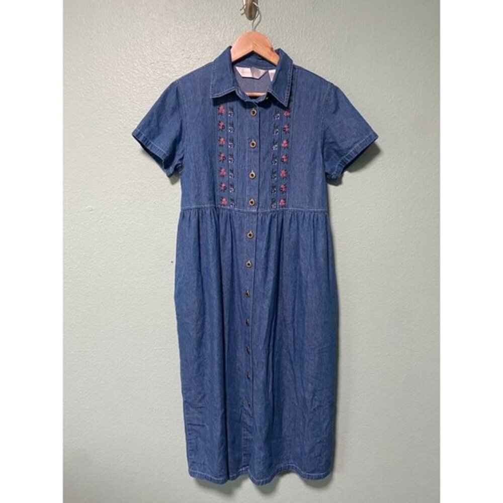 Vintage Stonybrook Women's Blue‎ Denim Floral Button Dress with Tie Size Small